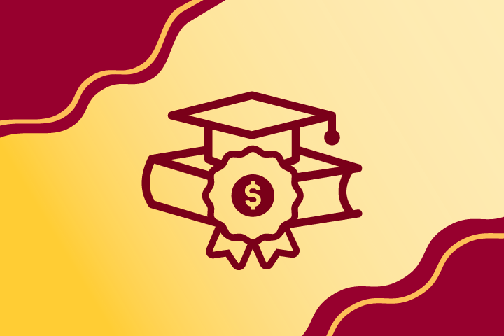 Maroon icon of a graduation cap, book, and ribbon with a dollar sign on it on a gold gradient background.